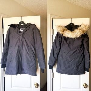 Aritzia Coat Haven Heathered Fabric Parka Goose Down Hooded Fur Dark Gray XS GUC